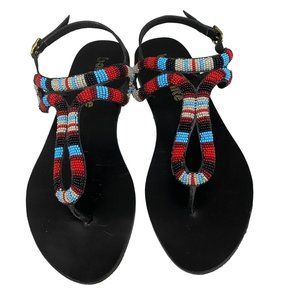 Bon Bonite Simona Leather Sling Back Tong Sandal Black Muti Beads Embroidered